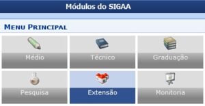 Apresentação da tela inicial do SIGAA, destacando o módulo Extensão